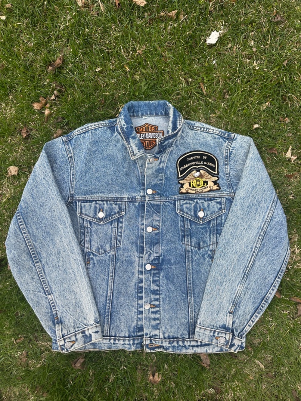 Harley-Davidson Light Blue Acid Wash Denim Jacket with Patch Quebec Chapter